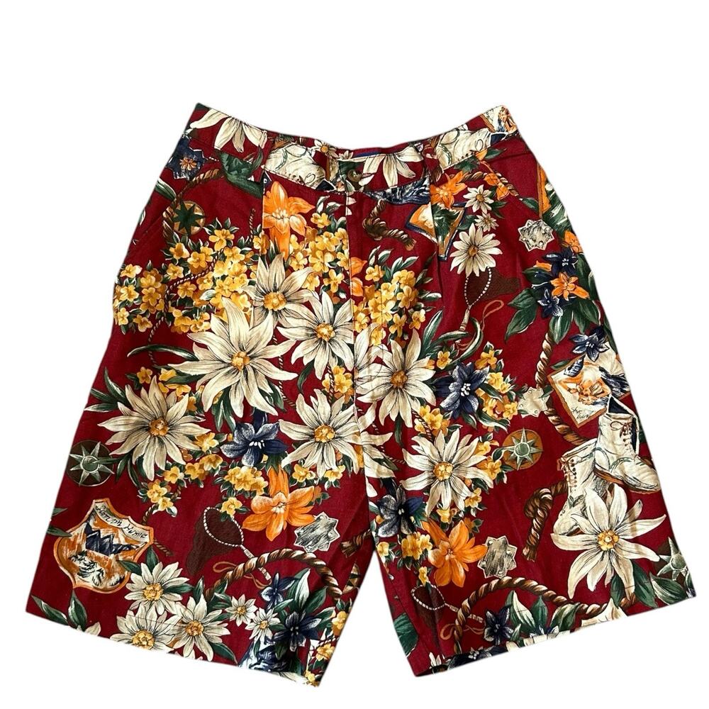 Vintage 90s Y2K Red Floral Linen Cotton Shorts Red Sz 8 USA Hawaii Resort - Picture 2 of 16